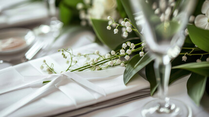 A white napkin is folded and placed on a table, adorned with a sprig of lily of the valley, adding a touch of elegance to the setting