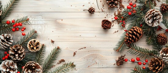 Wall Mural - Top-down view of Christmas decorations: spruce branches, red berries, natural pine cones on light wooden backdrop with branch extending from the left; ideal for copy space image.