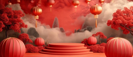 landscape pastel red 3d happy chinese new year year gold new lunar podium stage product lanterns