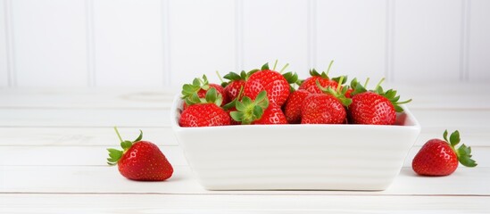Poster - Square dish with fresh strawberries displayed on a white wooden table background, ideal as a copy space image.