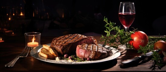 Poster - Table set with appetizing grilled steaks, with a copy space image available.