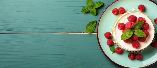 Leinwandbilder - Top-down view of raspberry cheesecake on a plate with mint leaves, offering copy space image.