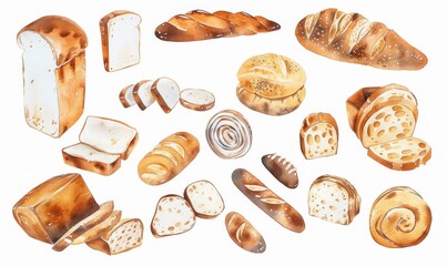 Assorted Breads Flat Lay. Minimalist Aesthetic. White Background. Loaves and Slices Arranged Seamlessly. Ideal for Food-Related Venues. 