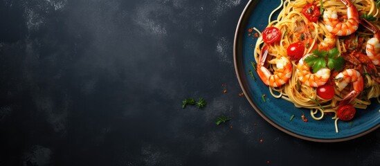 Fototapete - A high-angle view captures a Mediterranean dish featuring spaghetti with shrimp and vegetables on a blue plate against a dark rustic backdrop, with ample copy space.