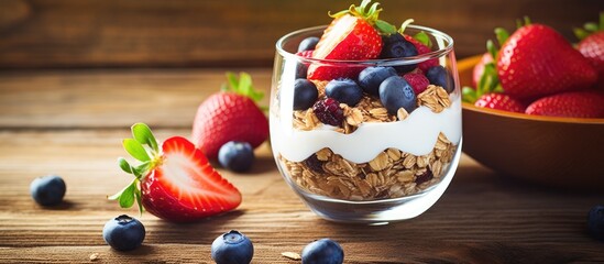 Poster - Wooden table background with copy space image showcasing a delightful summer berries granola breakfast layered dessert featuring yogurt, oat multi grain granola, and fresh strawberries and