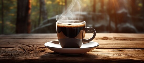 Fototapete - Black coffee in a cup on a wooden table with plenty of space for additional elements in the picture