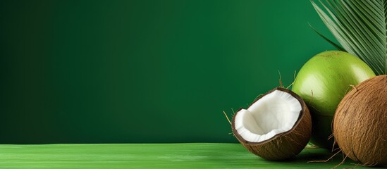 Poster - Coconuts with a green husk, featuring a tropical appearance in a copy space image.