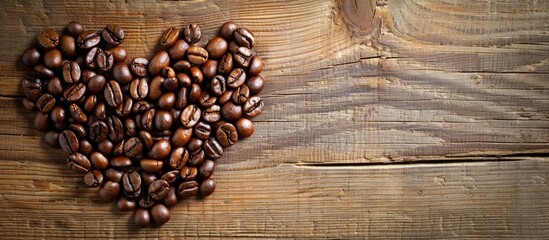 Leinwandbilder - Coffee beans roasted and arranged in a heart shape on a wooden surface with a copy space image.