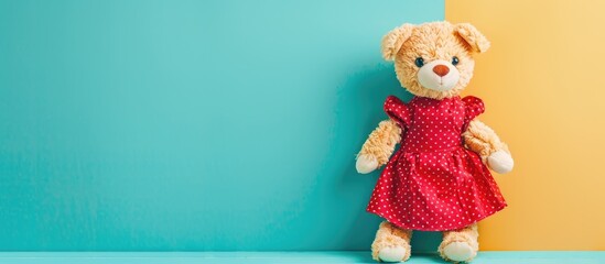 Wall Mural - Soft children's toy dog in a red dress on a pastel background. with copy space image. Place for adding text or design