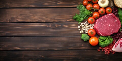 Food Composition, Meat, Vegetables and Grains on a Wooden Background