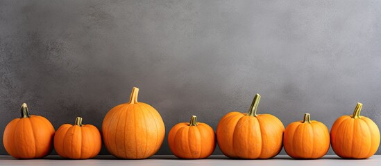 Poster - Orange pumpkins as decorations on a gray backdrop with copy space image.