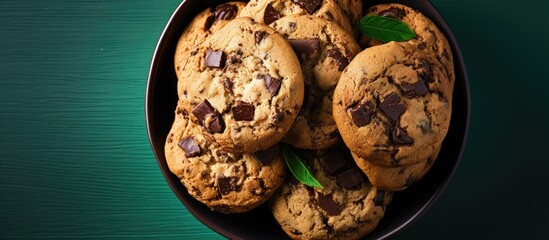 Aufkleber - Top view of a tempting stack of chocolate chip cookies in a green bowl on a black surface with ample copy space image.