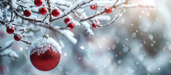 Poster - A red New Year ball hangs on a snow-covered branch among Christmas toys, creating a festive composition with copy space image.