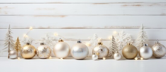 Poster - Festive Christmas setup with vintage ornaments on a white wooden backdrop, ideal for adding text with copy space image.