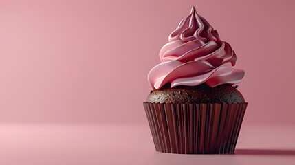 Wall Mural - Delightful chocolate cupcake topped with luscious pink frosting, perfect for dessert lovers and special occasions. Vibrant colors enhance its appeal.