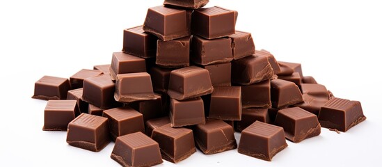 Fototapete - A white background features chocolate cubes with copy space image available.