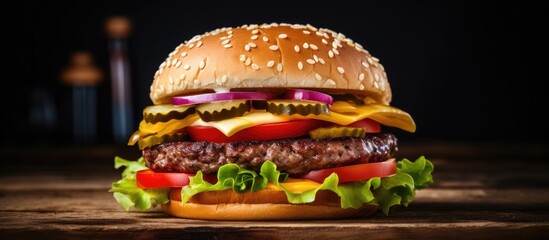 Poster - Close-up photo of a classic homemade cheeseburger with beef and veggies on a wooden surface, ideal for adding text or other elements - copy space image.