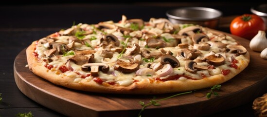 Poster - Savory street pizza loaded with chicken, mushrooms, and cheese, served as fast street food option with copy space image.