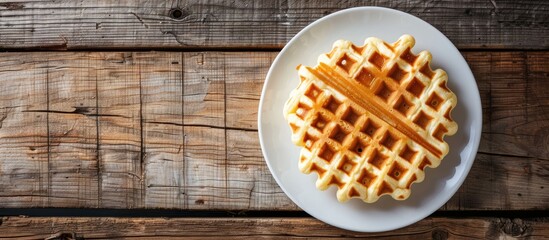 Aufkleber - A traditional custard waffle presented on a white plate atop a wooden table, providing ample copy space for customization.