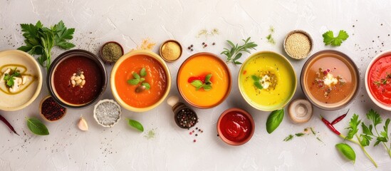 Aufkleber - Assortment of seasonal vegetable soups with organic ingredients arranged creatively with a banner for copy space image. Homemade vibrant vegan and vegetarian soups.