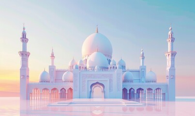 Beautiful 3d render islamic mosque. 3d illustration of white mosque with gradient color background. Digital illustration, white background,