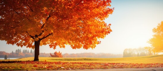 Aufkleber - Sunny day outdoors, showcasing a beautiful tree adorned with bright autumn leaves, offering ample copy space image.