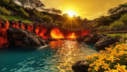 Poster - Sunset Glow Over a Flowing River.