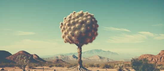 Poster - Vintage toned top-view image of a globe-shaped cactus tree in the desert with copy space image.