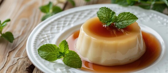 Aufkleber - Top view of a delectable condensed milk pudding on a white plate with available copy space image.