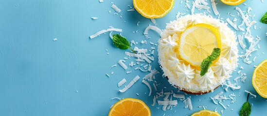 Poster - A homemade cake with lemon and coconut on a blue background, featuring copy space for text with a selective focus image.