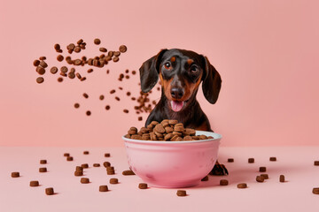 Wall Mural - A dachshund pup sits on a pink background with a tilted head, tongue out, and eyes fixed on the camera. In front lies a pink dog bowl with scattered kibble