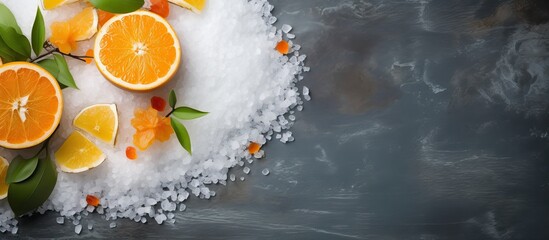 Poster - Aromatic sea salt infused with citrus scents for spa treatments, photographed from the top with a free copy space image.