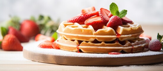 Aufkleber - Belgian waffles with strawberries and jam on white table, creating a summer food concept. Soft focus enhances the copy space image.
