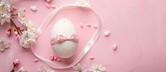 Aufkleber - Festive Easter egg with ribbon on soft pink backdrop for Happy Easter celebration. Top view of spring theme with empty space for text or image. with copy space image. Place for adding text or design