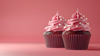 Wall Mural - Two delicious chocolate cupcakes with pink frosting and sprinkles on a pink background, perfect for celebrations or dessert imagery.