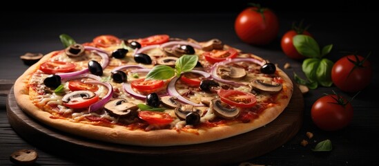 Poster - Freshly made pizza topped with mushrooms, tomatoes, cheese, onion, oil, pepper, salt, basil, and olives, displayed on a dark background with ample copy space image.
