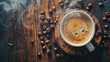 © reddish - A close-up shot of a steaming cup of coffee on a wooden surface surrounded by coffee beans