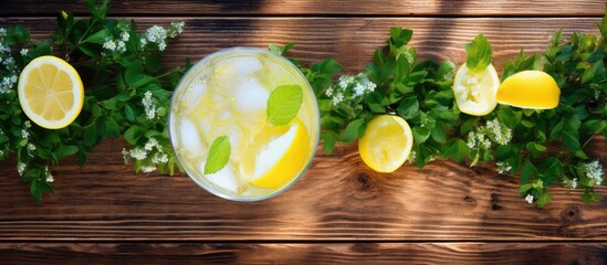 Aufkleber - A glass of homemade lemonade with ice on a wooden table, viewed from above, creating a fresh summer drink presentation with available copy space image.