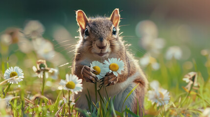 Wall Mural - A cute little squirrel stands on its hind legs in a field of daisies, holding two white flowers in its paws