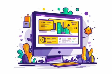 Digital workspace concept with vibrant graphics and user interface elements showcasing modern web design and creativity