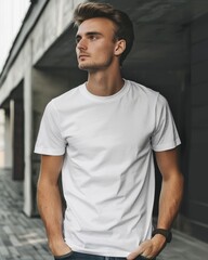 A young, fashionable man with stubble wearing a plain white t-shirt, looking thoughtfully to the side against a modern dark background