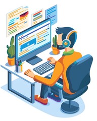 Illustration of a man working on a computer with multiple monitors, wearing a headset, office setting, plants on desk, productivity.