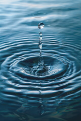 A single water droplet falls into a calm body of water, creating a series of concentric ripples