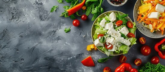 Poster - Flat lay image of a delectable salad featuring Chinese cabbage, suluguni cheese, and bell pepper on a grey surface with room for text. with copy space image. Place for adding text or design