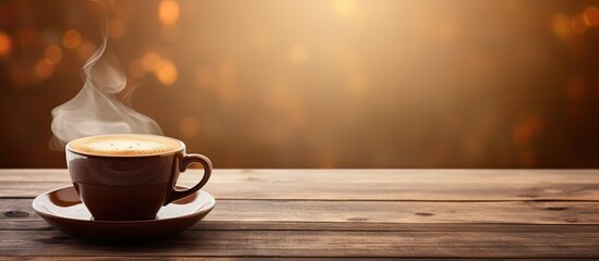 Wall Mural - A cup of coffee on the wooden table with copy space image.