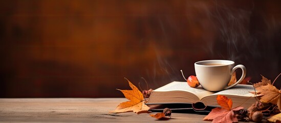 Poster - Autumn-themed decorations with a cup of delicious coffee, beside an empty book, set against a light background with copy space image.