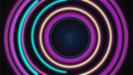 Abstract background of shiny neon circle lines with blur and noise effect on dark background