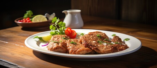 Aufkleber - Spicy Pork and Chicken Steaks displayed on a white plate on a wooden table with a clear area for additional image or text.