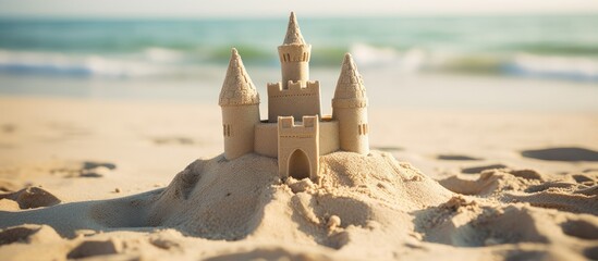 Wall Mural - Close-up of sand castle at the beach, with copy space image for text. Enjoying outdoor play.