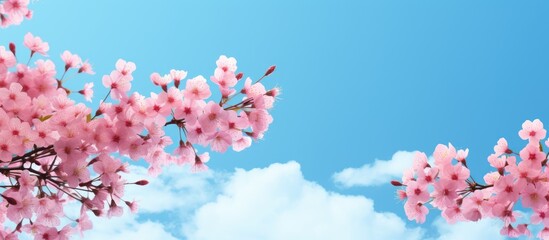 Aufkleber - Pink blossoms on a vibrant blue sky backdrop with copy space image.